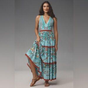 Anthropologie Limerick Green and Blue Ruffled Tiered Floral Maxi Dress